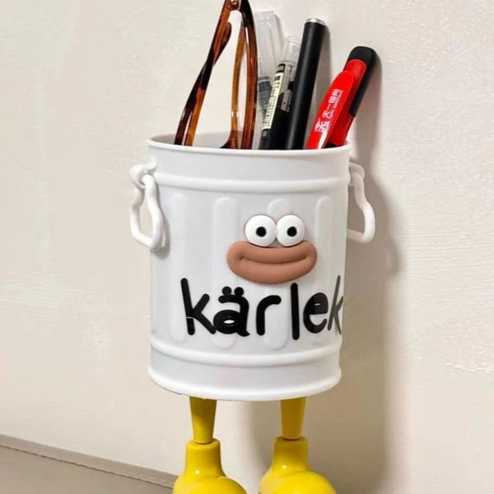Quirky Trash Can Style Pen Holder – White with Yellow Legs – Cute Desk Organizer